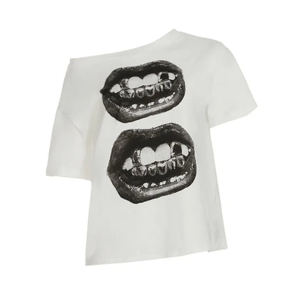 American Street Hip Hop Mouth Print Loose T-shirt Women Personalized Casual Top
