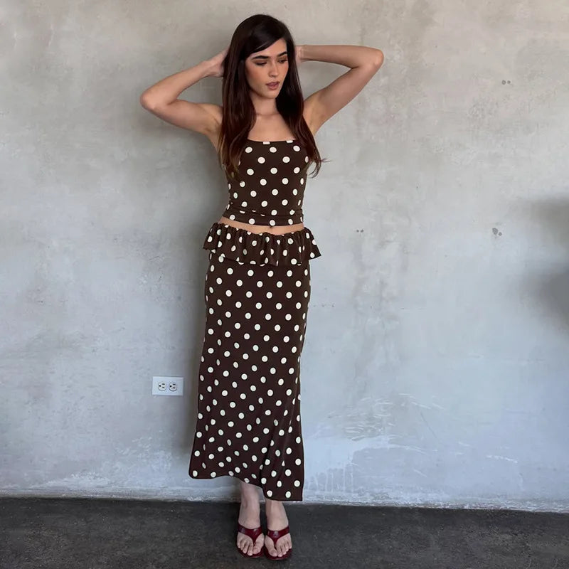 2026 Summer Women Hot Girl Polka Dot Cami Skirt Set Ruffle Split Hem Midi Skirt Two Piece Outfit Trendy Female Holiday Beach Mat
