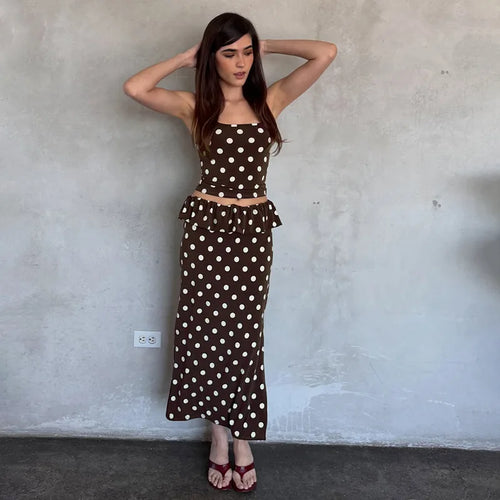 2026 Summer Women Hot Girl Polka Dot Cami Skirt Set Ruffle Split Hem Midi Skirt Two Piece Outfit Trendy Female Holiday Beach Mat