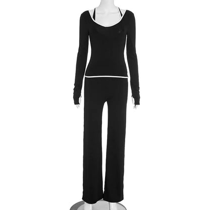Cross Border Autumn Women's Clothing From Europe And America, New Color Blocking V-neck Long Sleeved Straight Leg Pants Set For