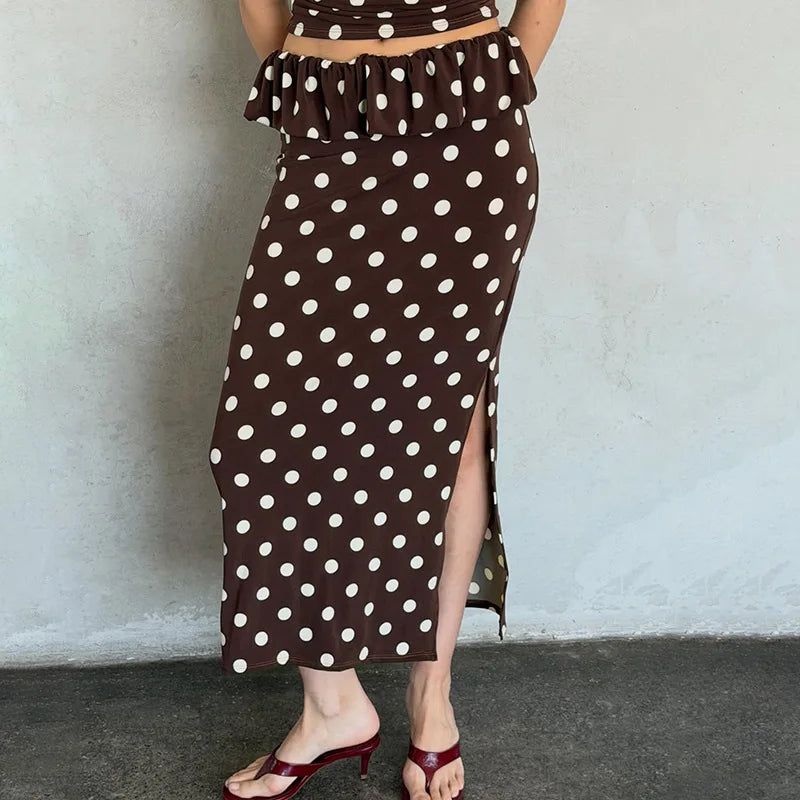 2026 Summer Women Hot Girl Polka Dot Cami Skirt Set Ruffle Split Hem Midi Skirt Two Piece Outfit Trendy Female Holiday Beach Mat