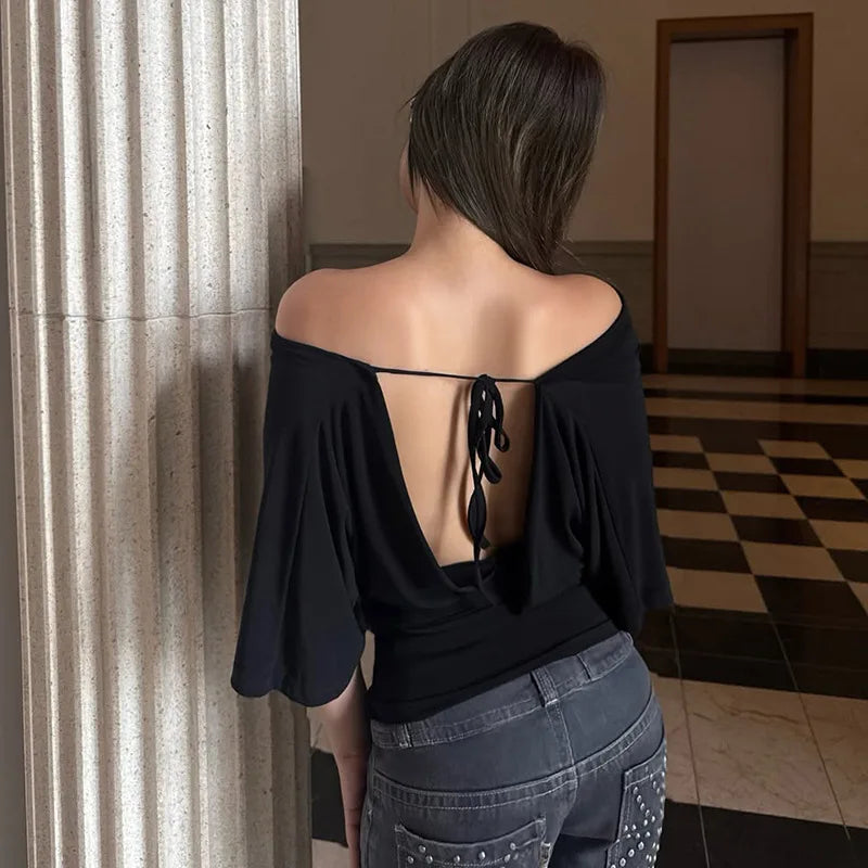 2026 Summer Women Sexy Off Shoulder 3/4 Sleeve Open Back Tie Up T Shirt Slim Fit Fashion Going Out Pullover Crop Tops Ladies