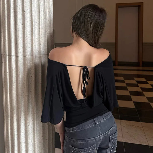 2026 Summer Women Sexy Off Shoulder 3/4 Sleeve Open Back Tie Up T Shirt Slim Fit Fashion Going Out Pullover Crop Tops Ladies