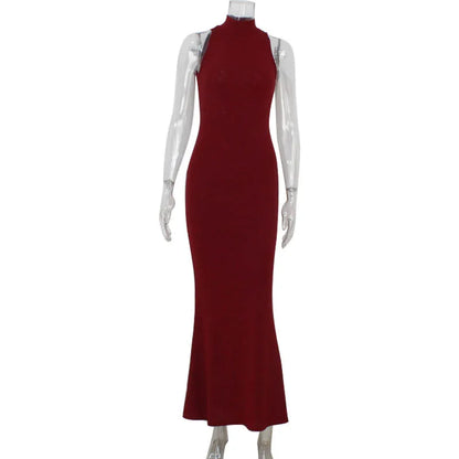 2025 New Women's Elegant Shiny Party Bodycon Robes Sexy Slim Sequins Red Sleeveless Long Dress Fashion Solid Maxi Gown Dresses