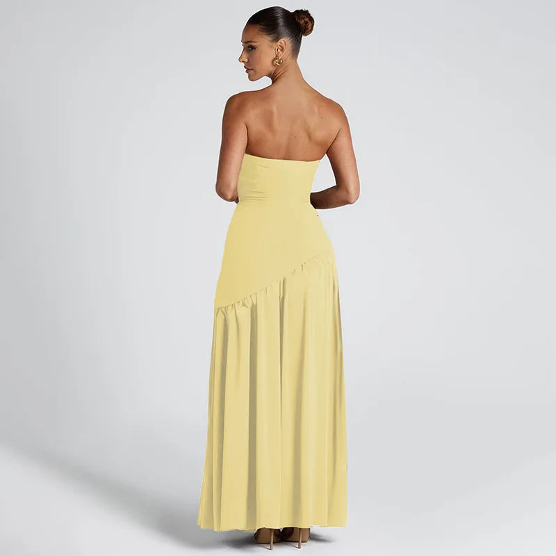 Women Solid Color Strapless Dress Slim Fit Split Backless Elegant Ribbon Midi Dress Fashion Evening Party Formal Dresses
