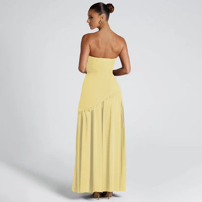 Women Solid Color Strapless Dress Slim Fit Split Backless Elegant Ribbon Midi Dress Fashion Evening Party Formal Dresses