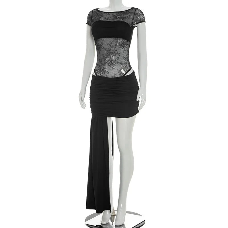 Spring Summer Women 2 Piece Dress Set Sexy Lace Patchwork Ruffle Ribbon Skirt Outfit Party Dress