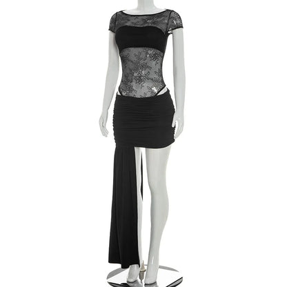 Spring Summer Women 2 Piece Dress Set Sexy Lace Patchwork Ruffle Ribbon Skirt Outfit Party Dress