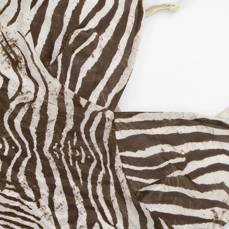 Women Summer Mesh Zebra Print V Neck Mesh Cami Tops