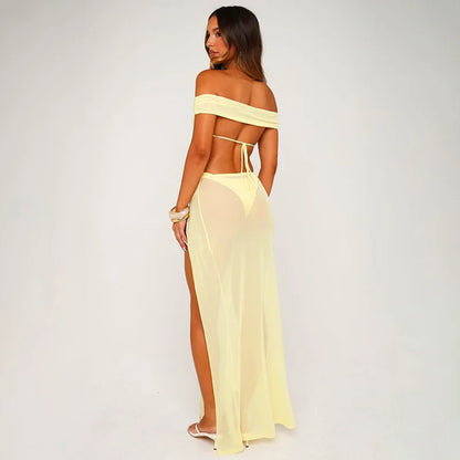 Women Summer Sexy Bandeau Mesh Perspective Split Long Dress Set Sheer See Through 2 Piece Outfit