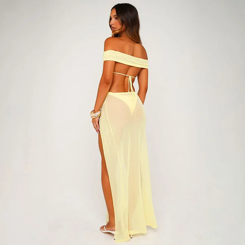 Women Summer Sexy Bandeau Mesh Perspective Split Long Dress Set Sheer See Through 2 Piece Outfit