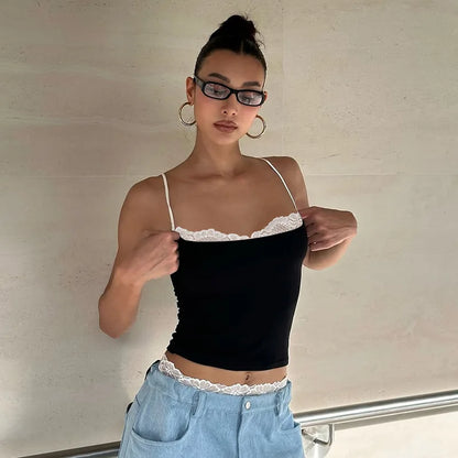 Women Y2K Sexy Color Block Splicing Off Shoulder Fake Two Piece Cami Top