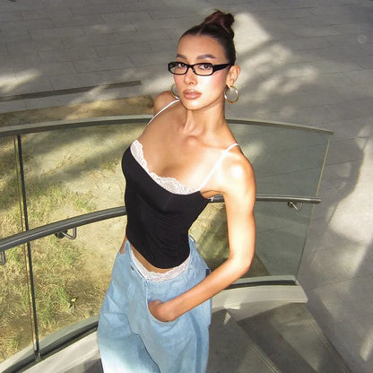 Women Y2K Sexy Color Block Splicing Off Shoulder Fake Two Piece Cami Top