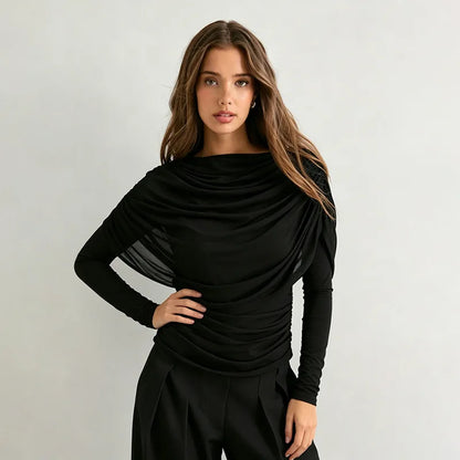 2026 Spring Summer Women Long Sleeve T-Shirt Draped Collar Pleated Shawl Slim Fit Stretch Tops Elegant Casual Daily Wear Top