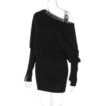Off Shoulder Sexy Mini Dress Women Oblique Neck Long Sleeve Bodycon Dress Fall Winter Sexy Short Party Club Dresses