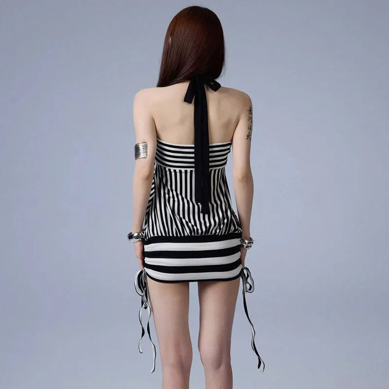 Women Summer Sexy Strapless Striped Bandage Waist Mini Dress Slim Bodycon Short Party Dresses