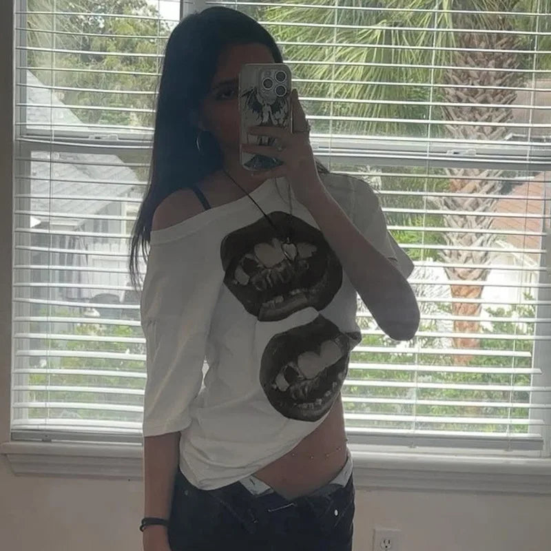 American Street Hip Hop Mouth Print Loose T-shirt Women Personalized Casual Top
