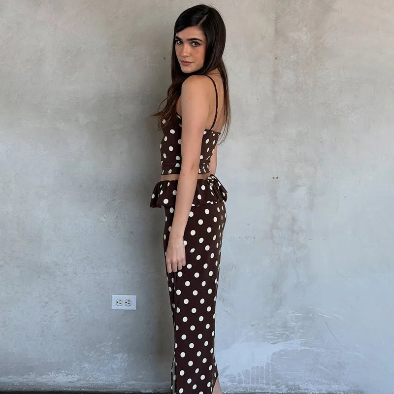 2026 Summer Women Hot Girl Polka Dot Cami Skirt Set Ruffle Split Hem Midi Skirt Two Piece Outfit Trendy Female Holiday Beach Mat