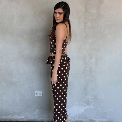2026 Summer Women Hot Girl Polka Dot Cami Skirt Set Ruffle Split Hem Midi Skirt Two Piece Outfit Trendy Female Holiday Beach Mat