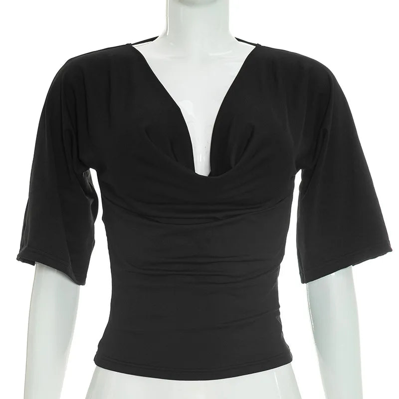 2026 Summer Women Sexy Off Shoulder 3/4 Sleeve Open Back Tie Up T Shirt Slim Fit Fashion Going Out Pullover Crop Tops Ladies