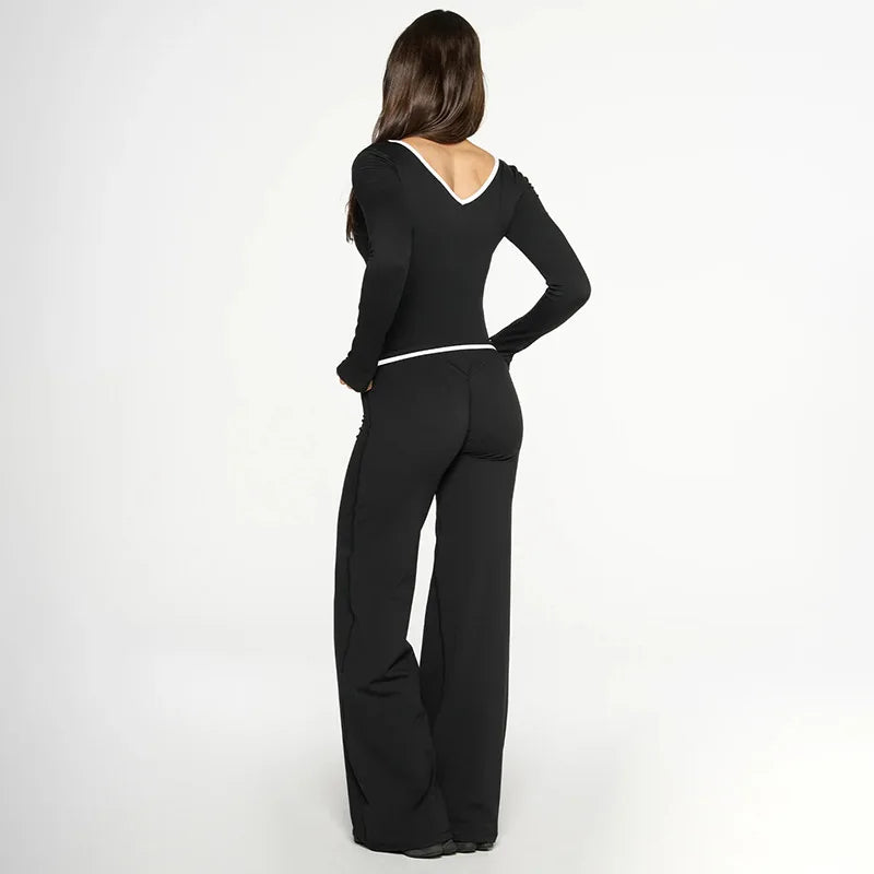 Cross Border Autumn Women's Clothing From Europe And America, New Color Blocking V-neck Long Sleeved Straight Leg Pants Set For
