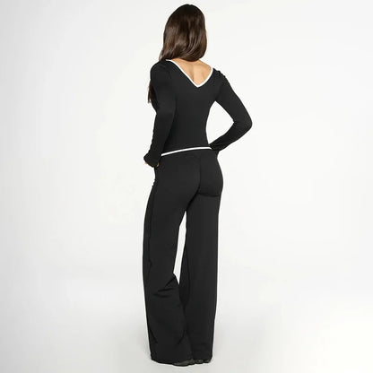 Cross Border Autumn Women's Clothing From Europe And America, New Color Blocking V-neck Long Sleeved Straight Leg Pants Set For
