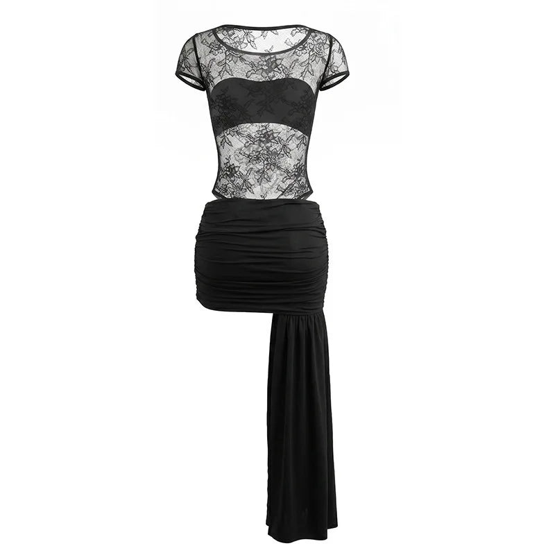 Spring Summer Women 2 Piece Dress Set Sexy Lace Patchwork Ruffle Ribbon Skirt Outfit Party Dress