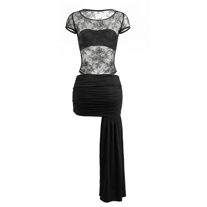 Spring Summer Women 2 Piece Dress Set Sexy Lace Patchwork Ruffle Ribbon Skirt Outfit Party Dress