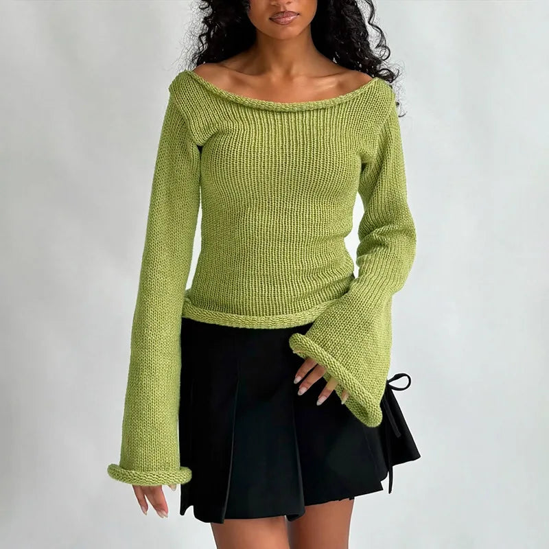 Casual Pullover Women Long Sleeve Y2K Knitted Sweater Tops Sexy Off Shoulder Club Fashion 2025 Winter Jumpers Sweater