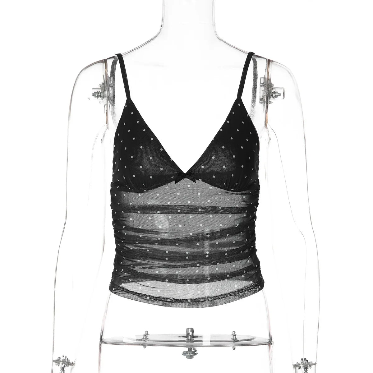 2026 Summer Women Sexy V Neck Polka Dot Mesh Spliced Camisole Slim Fit Sleeveless Tank Tops Casual Vest