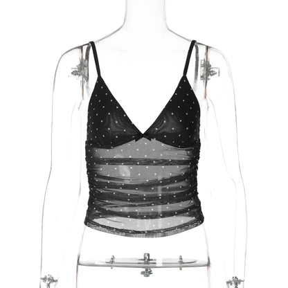 2026 Summer Women Sexy V Neck Polka Dot Mesh Spliced Camisole Slim Fit Sleeveless Tank Tops Casual Vest
