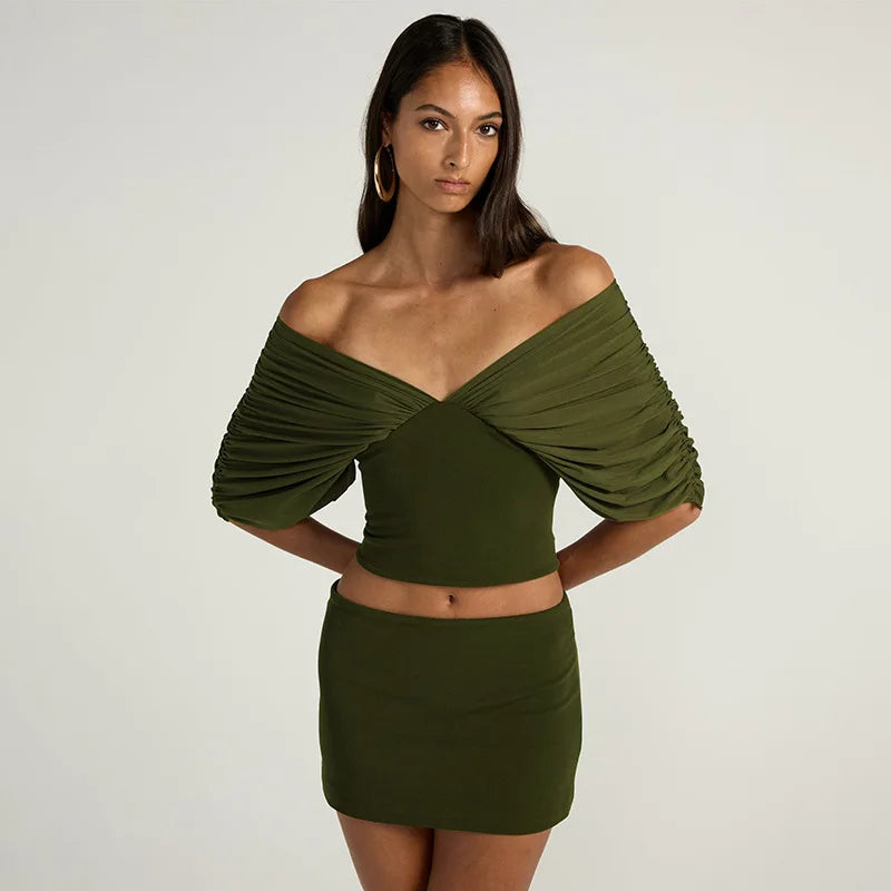 Summer Vintage Elegant 2 Piece Set Women One Shoulder Off Backless Ruched Waist Pleated Casual Suit