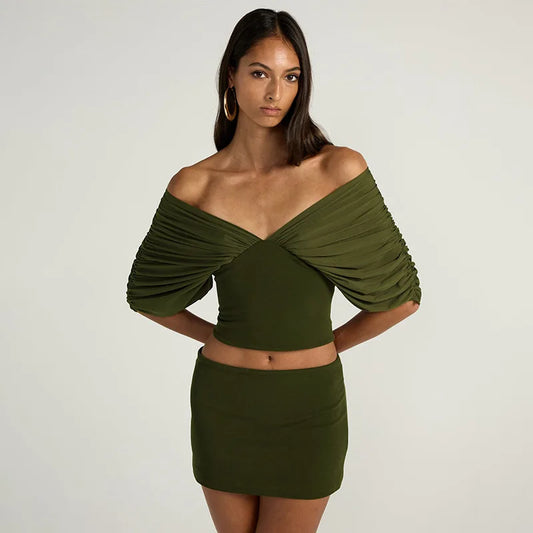 Summer Vintage Elegant 2 Piece Set Women One Shoulder Off Backless Ruched Waist Pleated Casual Suit