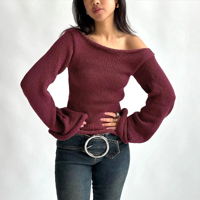Casual Pullover Women Long Sleeve Y2K Knitted Sweater Tops Sexy Off Shoulder Club Fashion 2025 Winter Jumpers Sweater