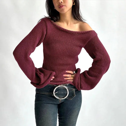 Casual Pullover Women Long Sleeve Y2K Knitted Sweater Tops Sexy Off Shoulder Club Fashion 2025 Winter Jumpers Sweater