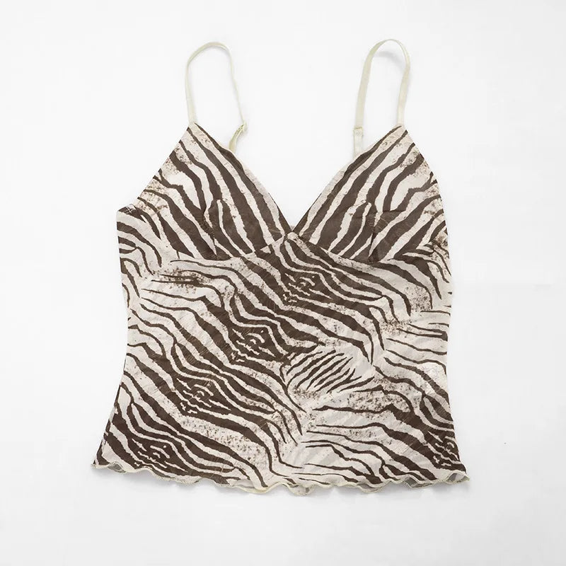 Women Summer Mesh Zebra Print V Neck Mesh Cami Tops