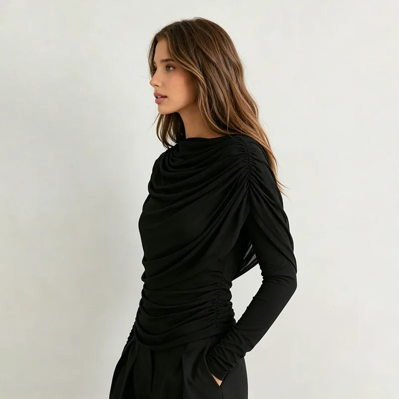 2026 Spring Summer Women Long Sleeve T-Shirt Draped Collar Pleated Shawl Slim Fit Stretch Tops Elegant Casual Daily Wear Top