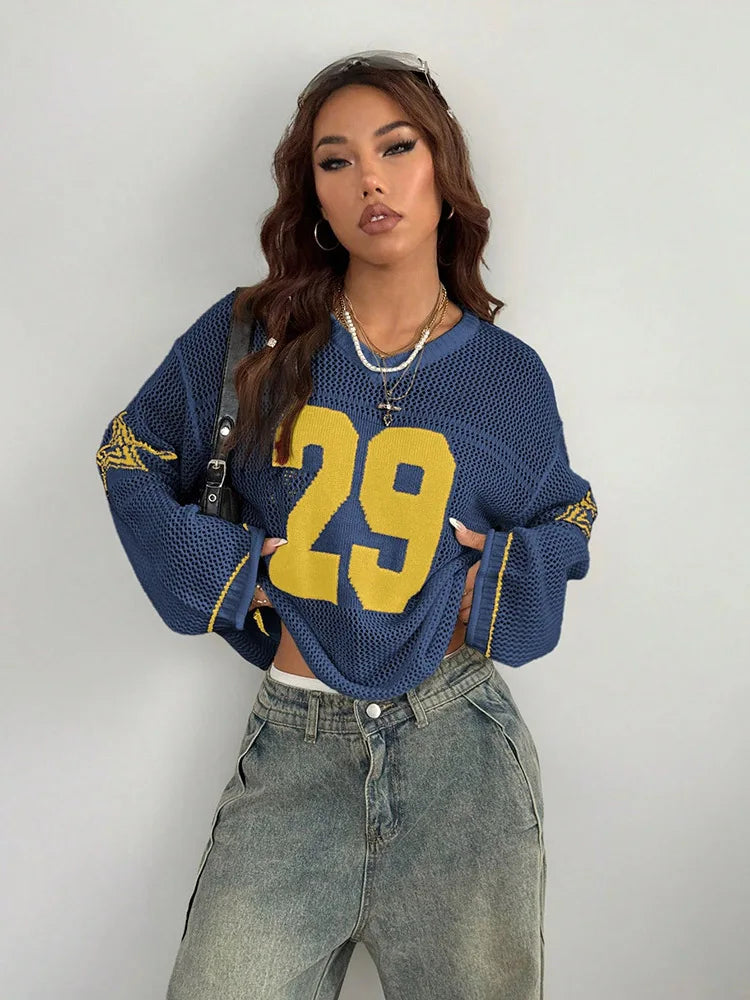 Y2K Style Sports Jersey Women's Knitted Tops Fashionable Digital Printed Round Neck Long Sleeve Jumper 2025 Summer Street Trend