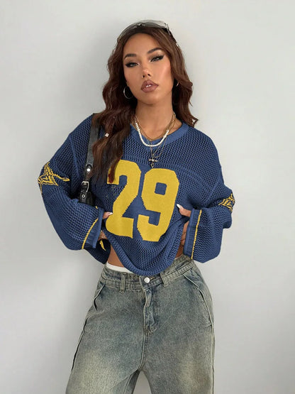 Y2K Style Sports Jersey Women's Knitted Tops Fashionable Digital Printed Round Neck Long Sleeve Jumper 2025 Summer Street Trend