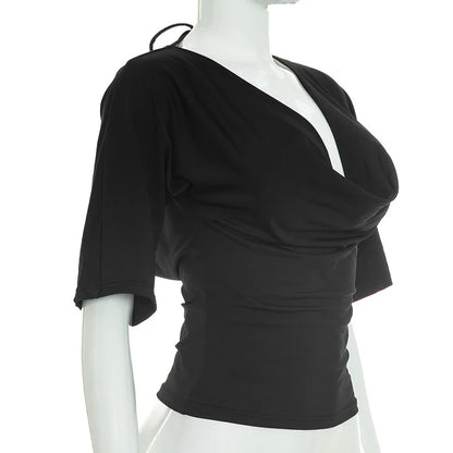 2026 Summer Women Sexy Off Shoulder 3/4 Sleeve Open Back Tie Up T Shirt Slim Fit Fashion Going Out Pullover Crop Tops Ladies