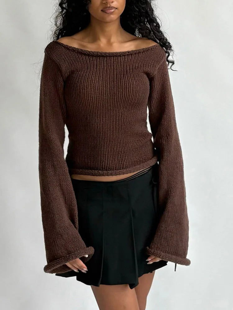 Casual Pullover Women Long Sleeve Y2K Knitted Sweater Tops Sexy Off Shoulder Club Fashion 2025 Winter Jumpers Sweater