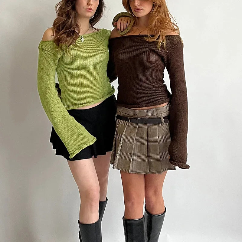Casual Pullover Women Long Sleeve Y2K Knitted Sweater Tops Sexy Off Shoulder Club Fashion 2025 Winter Jumpers Sweater