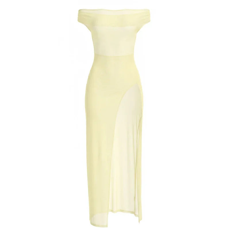 Women Summer Sexy Bandeau Mesh Perspective Split Long Dress Set Sheer See Through 2 Piece Outfit