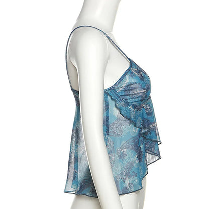 Mesh See Through Printed Vest Women Sexy Casual V-neck Sleeveless Suspender Camisole Patchwork Tank Top Streetwear