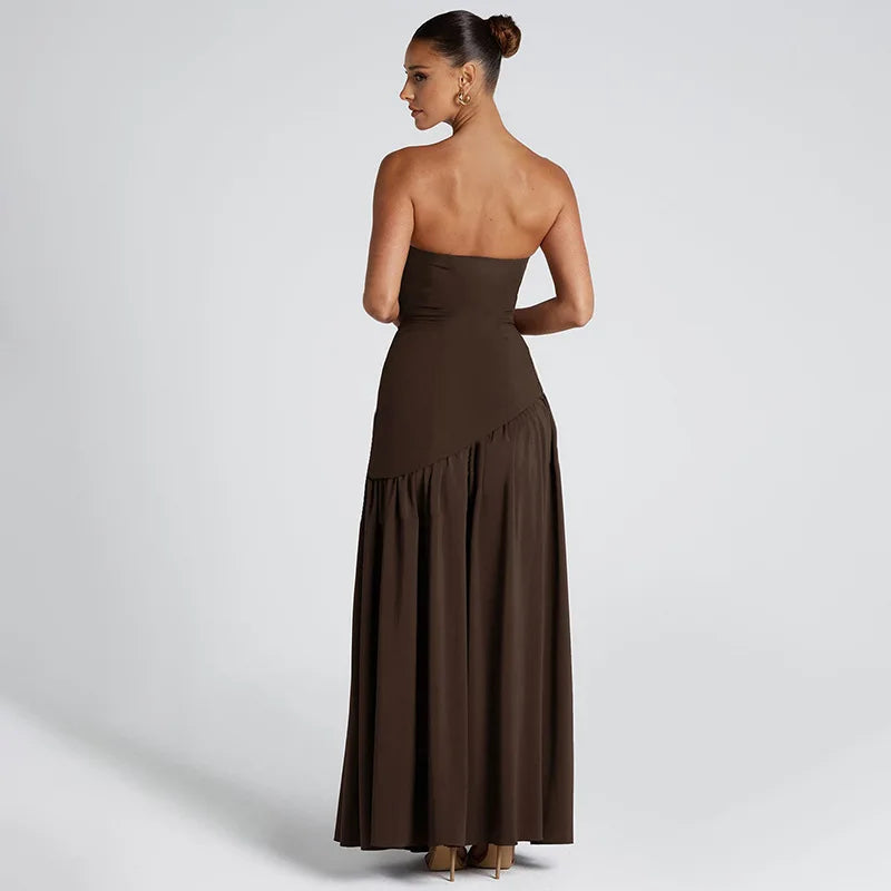 Women Solid Color Strapless Dress Slim Fit Split Backless Elegant Ribbon Midi Dress Fashion Evening Party Formal Dresses