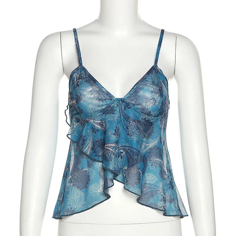 Mesh See Through Printed Vest Women Sexy Casual V-neck Sleeveless Suspender Camisole Patchwork Tank Top Streetwear