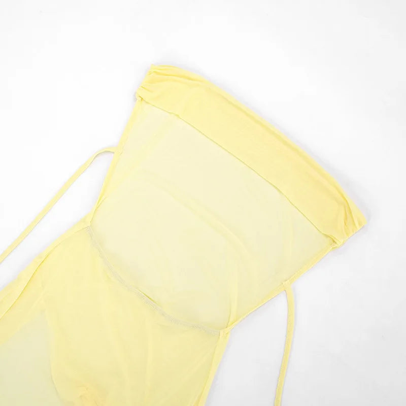 Women Summer Sexy Bandeau Mesh Perspective Split Long Dress Set Sheer See Through 2 Piece Outfit