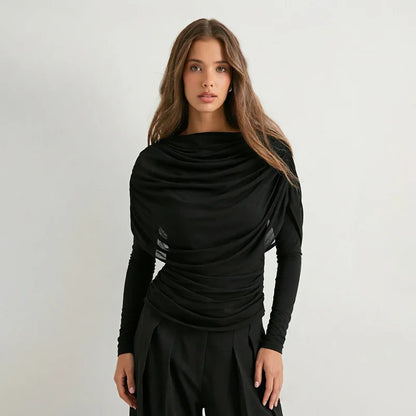 2026 Spring Summer Women Long Sleeve T-Shirt Draped Collar Pleated Shawl Slim Fit Stretch Tops Elegant Casual Daily Wear Top