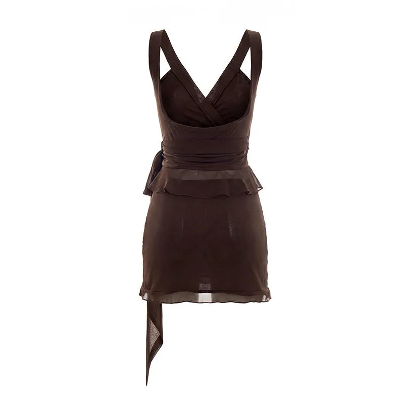 Summer Women 2 Piece Dress Set Lace Trim Camisole Backless Bandage Mini Dress Casual Party Sundress