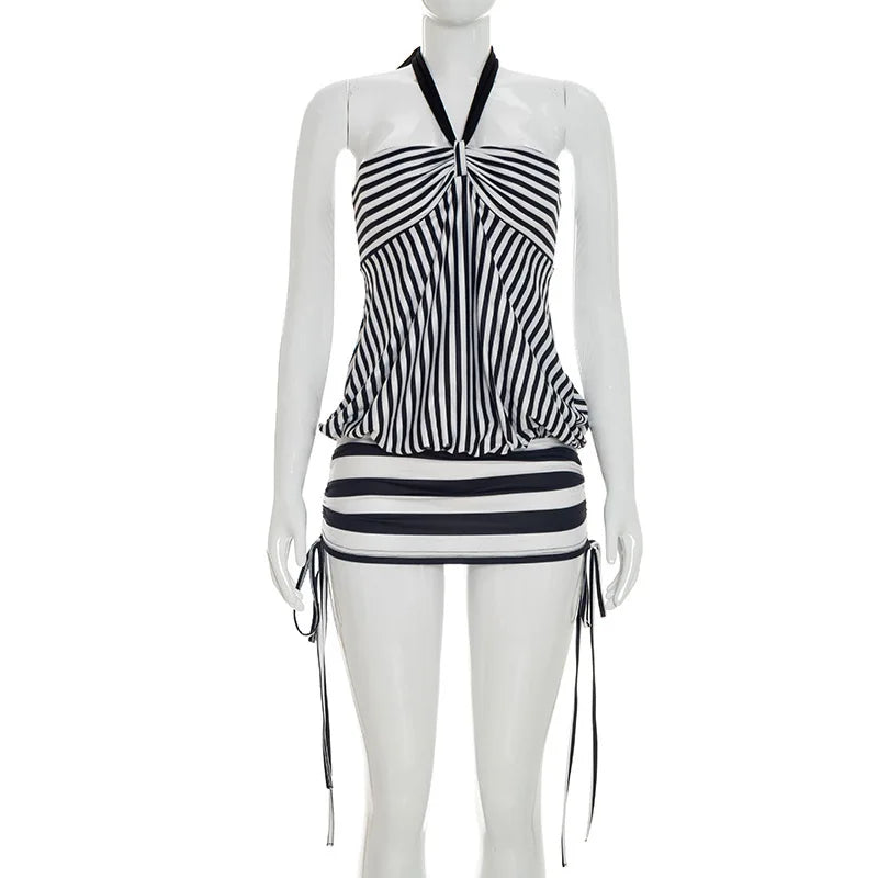 Women Summer Sexy Strapless Striped Bandage Waist Mini Dress Slim Bodycon Short Party Dresses